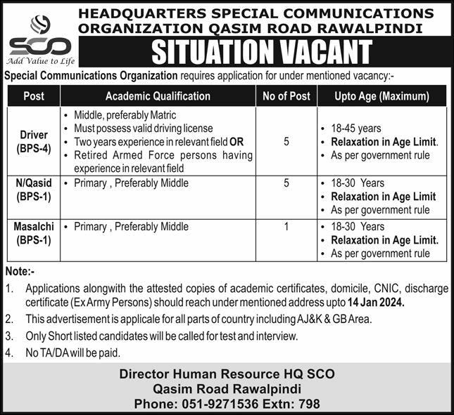 SCO Rawalpindi Jobs December 2023 / 2024 Headquarters Special Communications Organization Latest