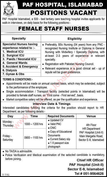 Staff Nurse Jobs in PAF Hospital Islamabad December 2023 / 2024 Pakistan Air Force Latest