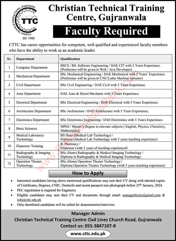 Teaching Faculty Jobs in Christian Technical Training Centre Gujranwala December 2023 / 2024 Latest