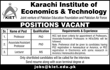 Teaching Faculty Jobs in KIET University 2024 Karachi Institute of Economics and Technology Latest