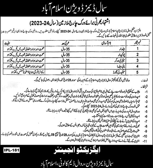 Small Dams Division Islamabad Jobs 2024 Baildar, Security Guard & Others Latest