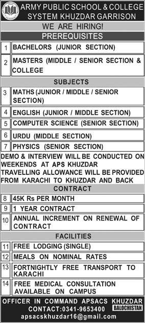 Teaching Jobs in Army Public School and College Khuzdar Garrison 2024 Latest