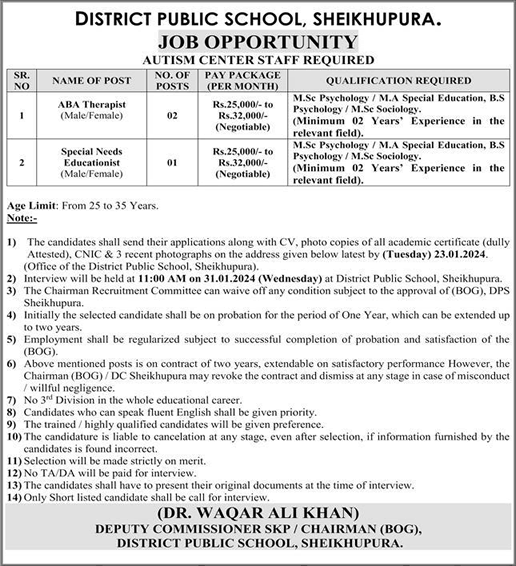 District Public School Sheikhupura Jobs 2024 DPS Therapists & Educationist Latest