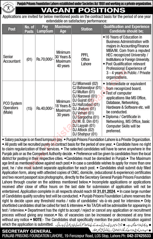 Punjab Prisons Foundation Jobs 2024 PCO System Operators & Accountant Latest