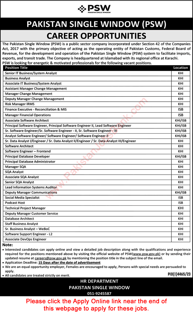 Pakistan Single Window Jobs 2024 PSW Online Apply Karachi / Islamabad Latest