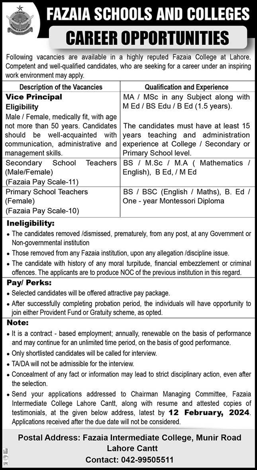 Fazaia School and College Lahore Jobs 2024 Teachers & Vice Principal Latest