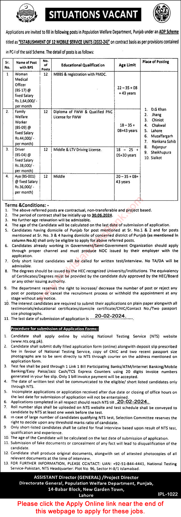 Population Welfare Department Punjab Jobs 2024 February NTS Apply Online Medical Officers & Others Latest
