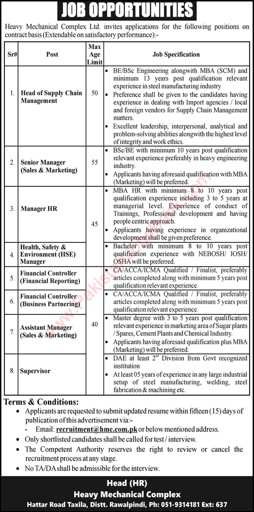 Heavy Mechanical Complex Taxila Jobs 2024 February HMC HR Manager & Others Latest