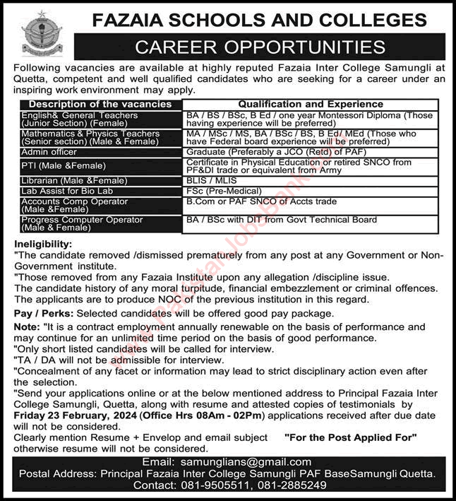 Fazaia School and College Samungli Quetta Jobs February 2024 Teachers & Others Latest