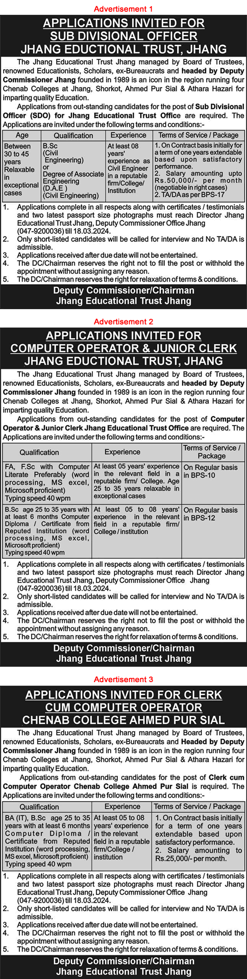 Jhang Educational Trust Jobs March 2024 Civil Engineer as SDO, Clerks & Computer Operators Latest