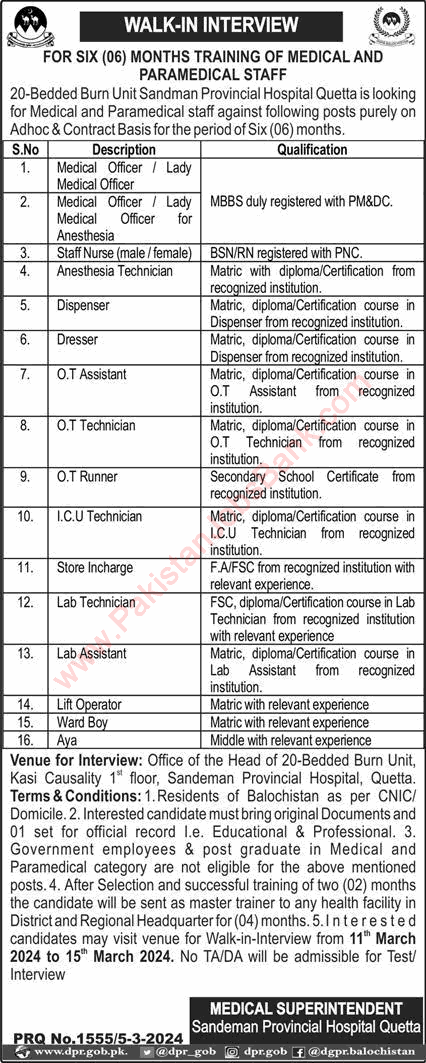 Sandeman Provincial Hospital Quetta Jobs March 2024 Burn Unit Walk-in Interviews Latest