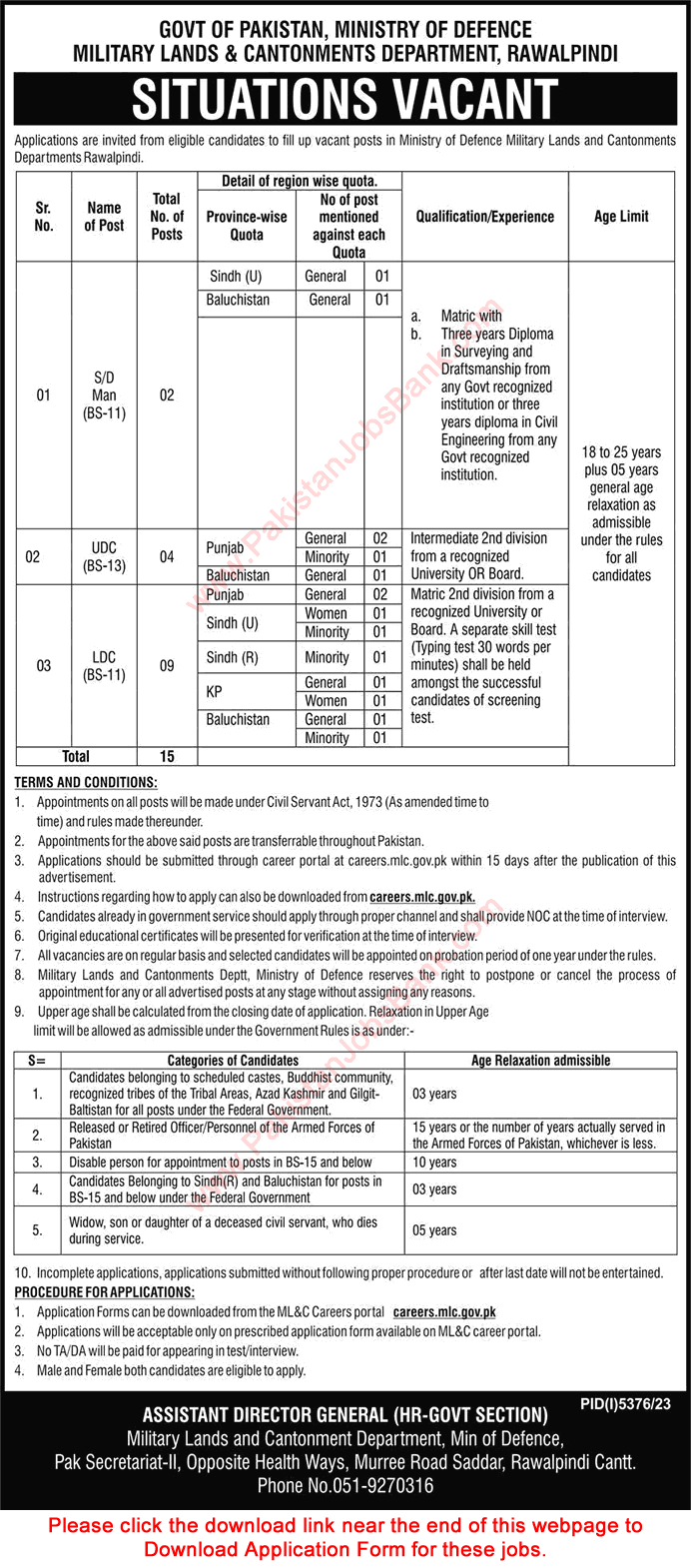 Military Lands and Cantonments Department Rawalpindi Jobs 2024 March Application Form Clerks & Others Latest