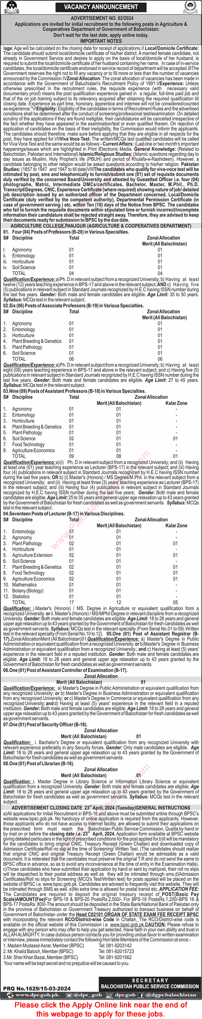 Agriculture and Cooperative Department Balochistan Jobs 2024 March BPSC Apply Online Teaching Faculty & Others Latest