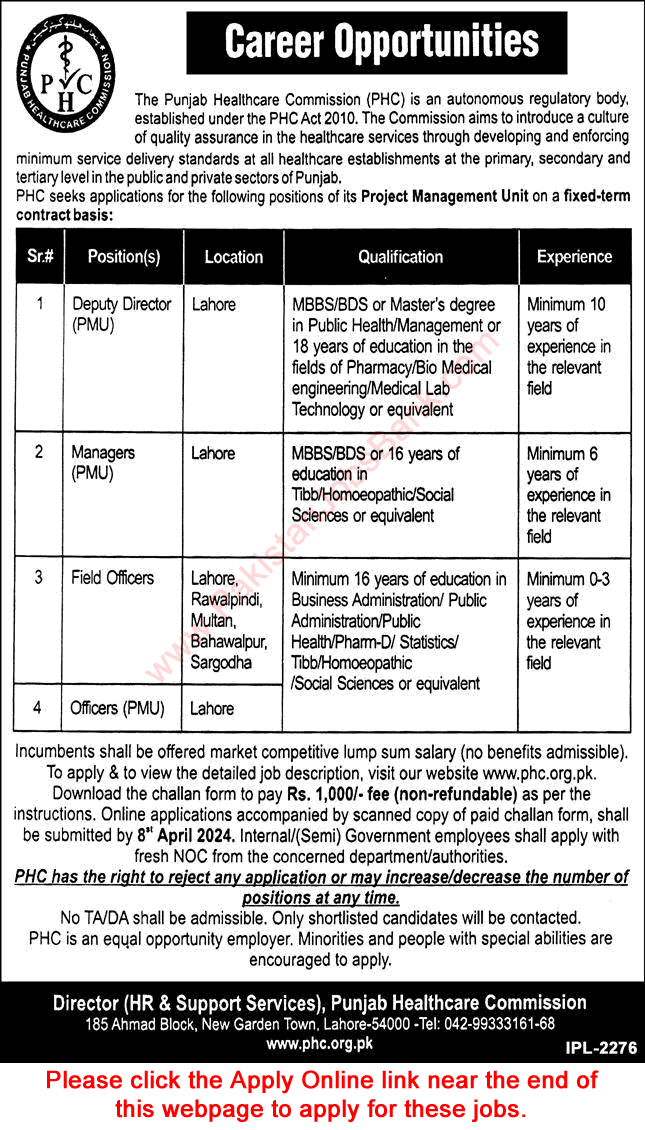 Punjab Healthcare Commission Jobs 2024 March PHC PMU Online Apply Latest