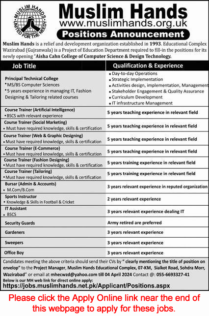 Muslim Hands Wazirabad Jobs 2024 March / April Apply Online Educational Complex Latest