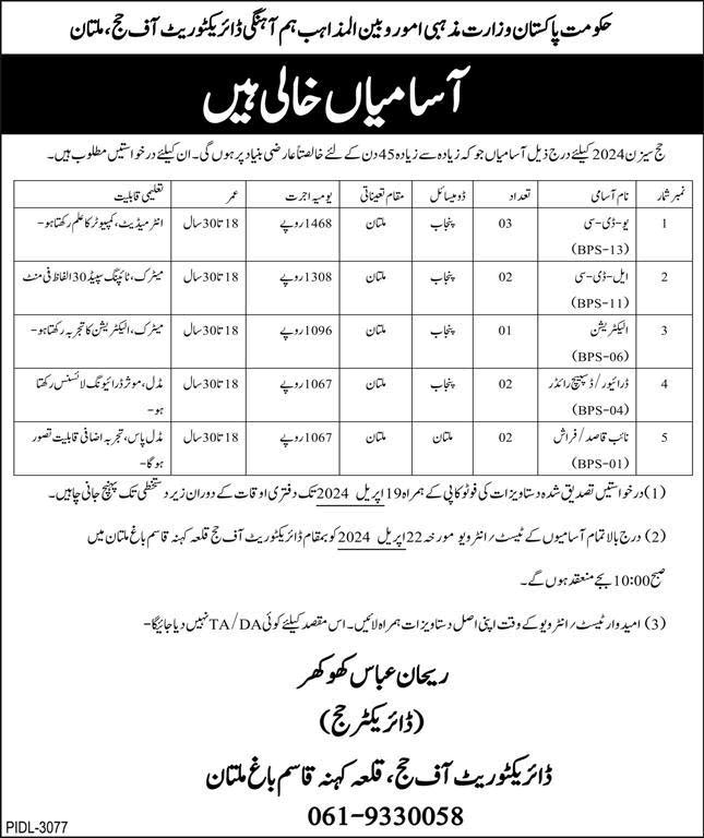 Directorate of Hajj Multan Jobs April 2024 Ministry of Religious Affairs Latest