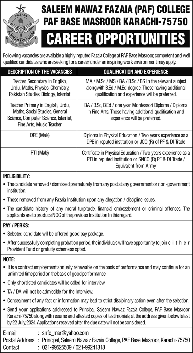 Saleem Nawaz Fazaia College Masroor Karachi Jobs 2024 July PAF Teachers & Others Latest