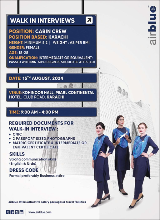 Airhostess Jobs in Air Blue August 2024 Female Cabin Crew Walk in Interviews Latest