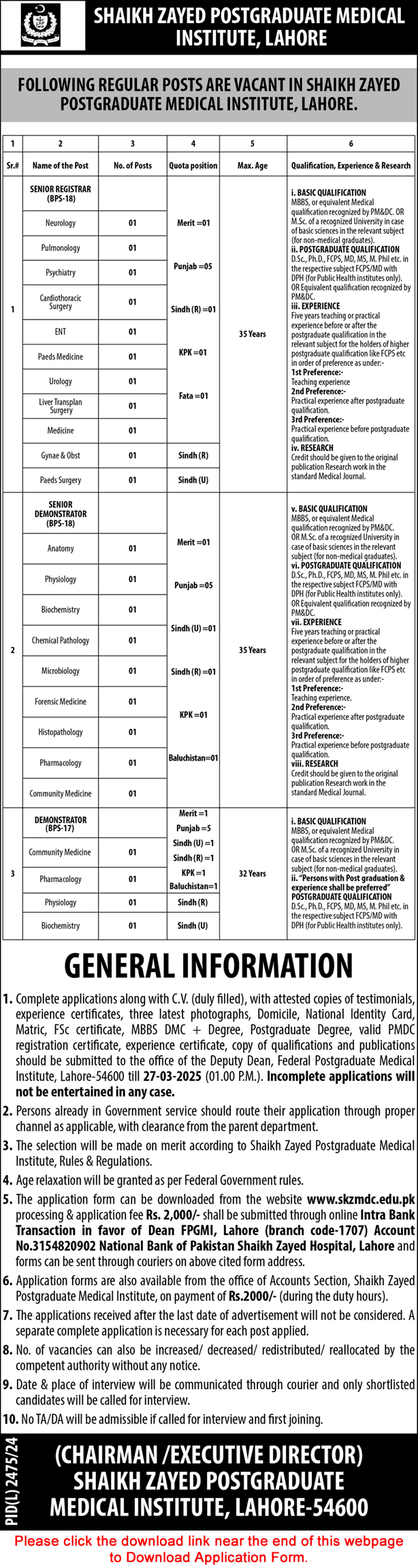 Shaikh Zayed Postgraduate Medical Institute Lahore Jobs March 2025 Application Form Senior Registrars & Demonstrators Latest