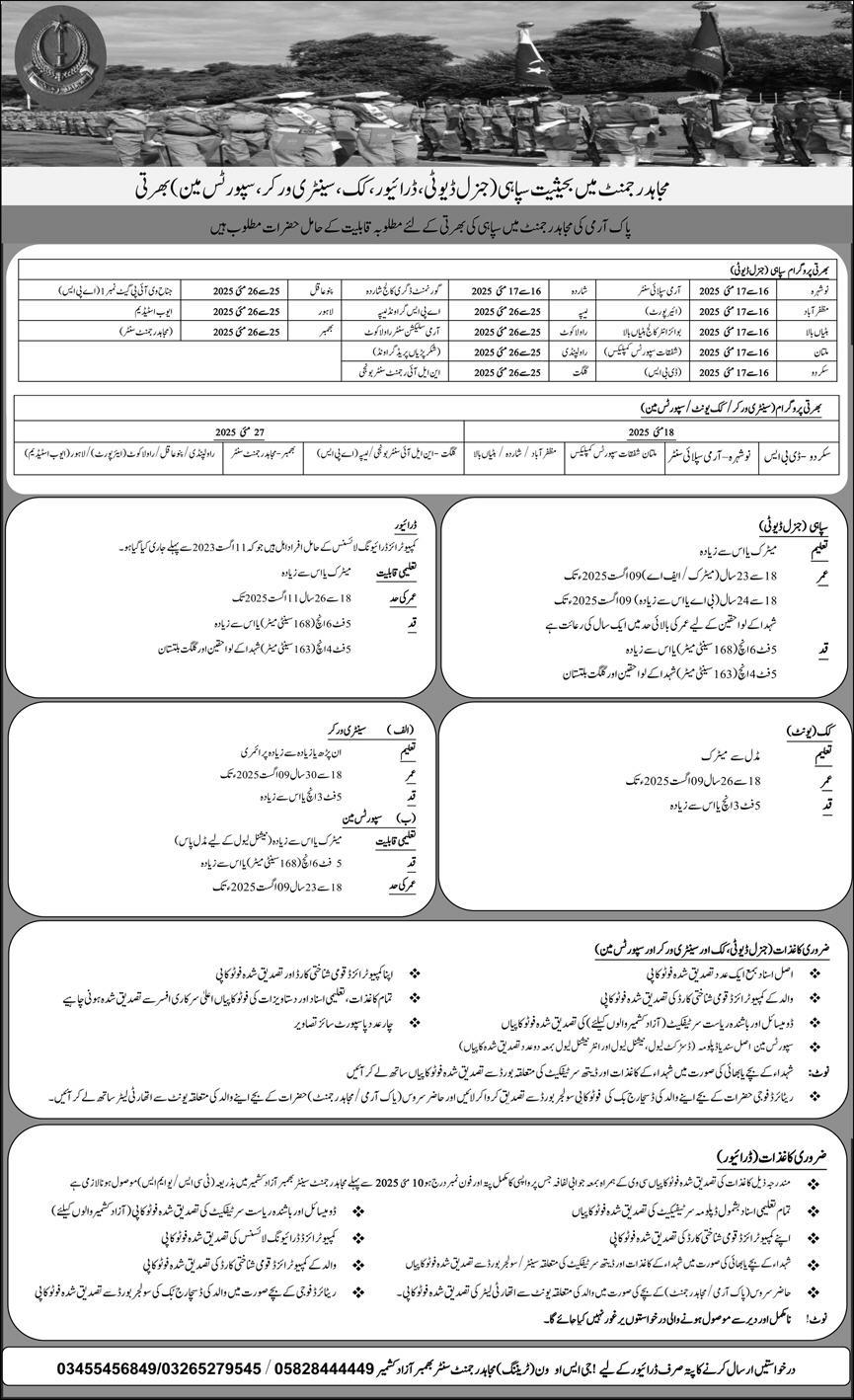 Sipahi Jobs in Mujahid Regiment 2025 May General Duty, Driver, Cook, Sanitary Worker & Sportsman Pakistan Army Latest