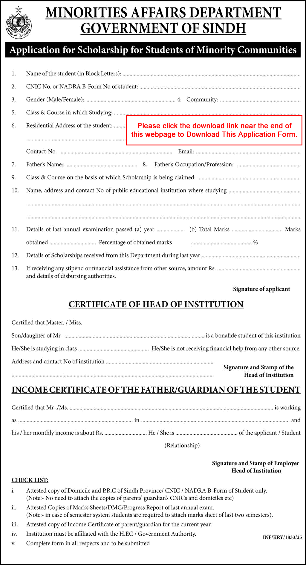 Minorities Affairs Department Sindh Scholarship 2025 June Application Form for Minority Students Stipend Latest
