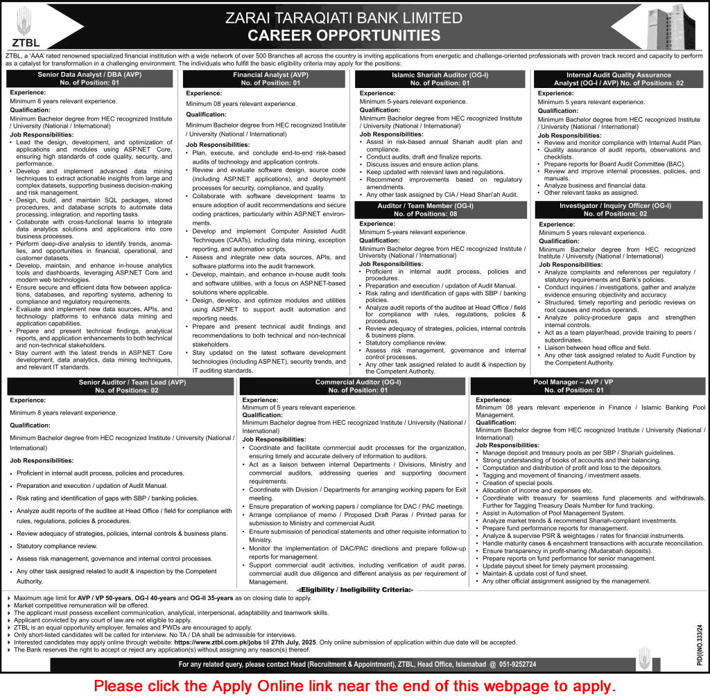 ZTBL Jobs July 2025 Apply Online Auditors & Others Zarai Taraqiati Bank Limited Latest
