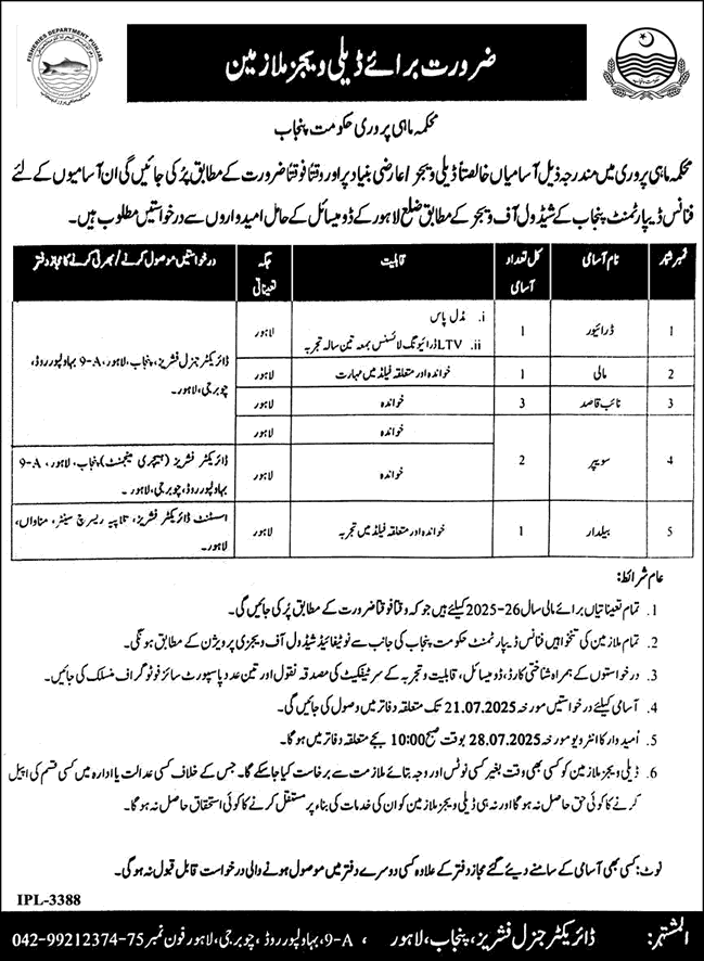 Fisheries Department Lahore Jobs 2025 July Naib Qasid, Sweeper, Driver, Mali & Baildar Latest