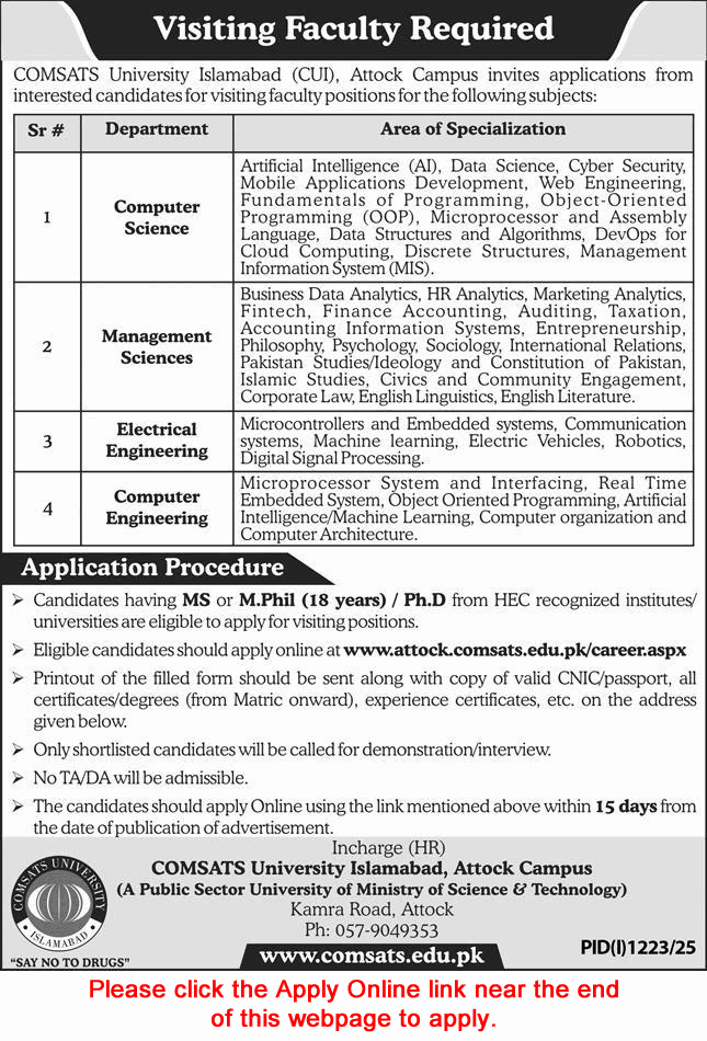 COMSATS University Attock Campus Jobs August 2025 Apply Online Teaching Faculty Latest