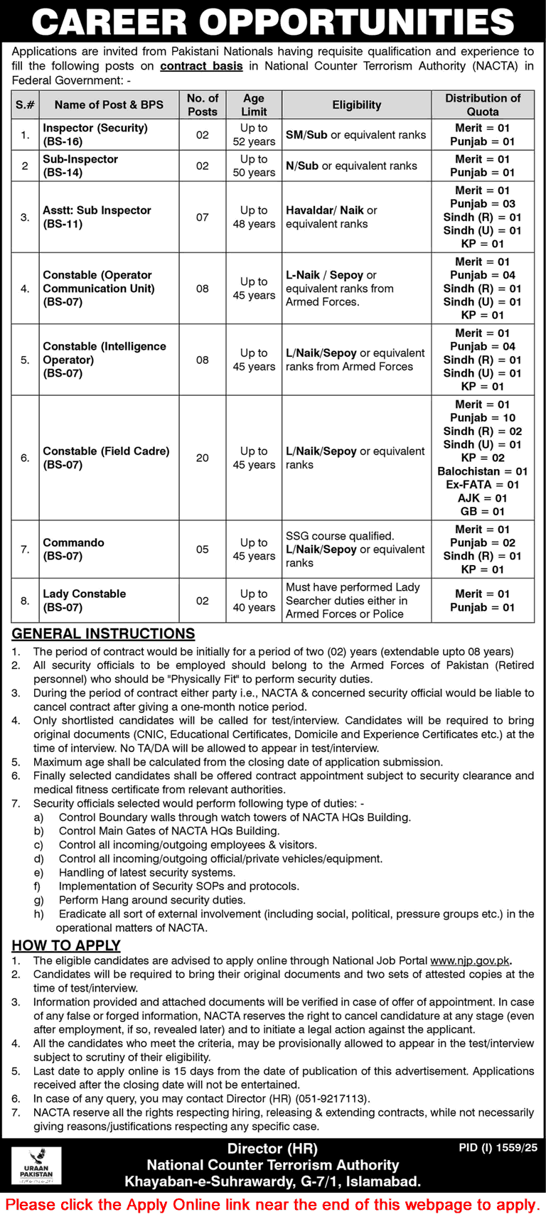 NACTA Jobs August 2025 Apply Online Constables, Commando & Others National Counter Terrorism Authority Latest