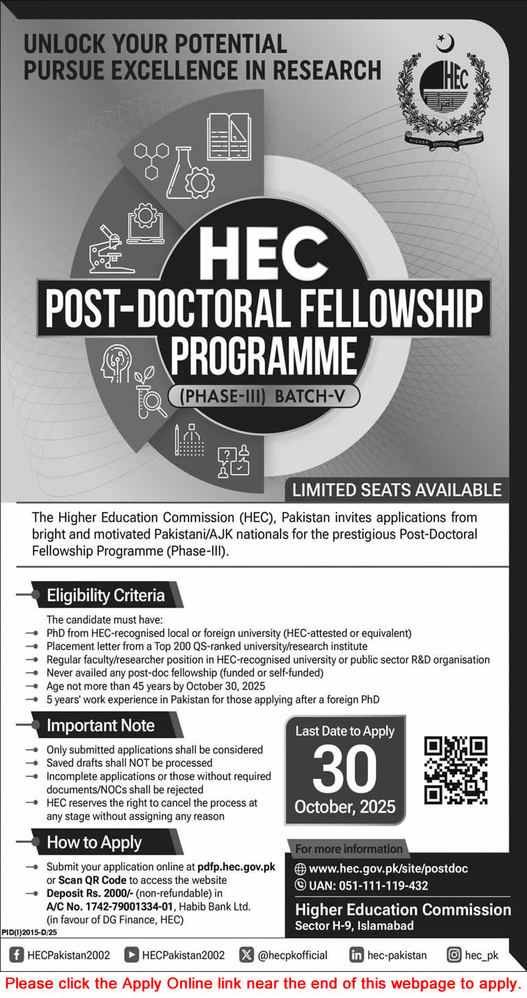 HEC Post Doctoral Fellowship Programme 2025 September Apply Online Higher Education Commission Latest