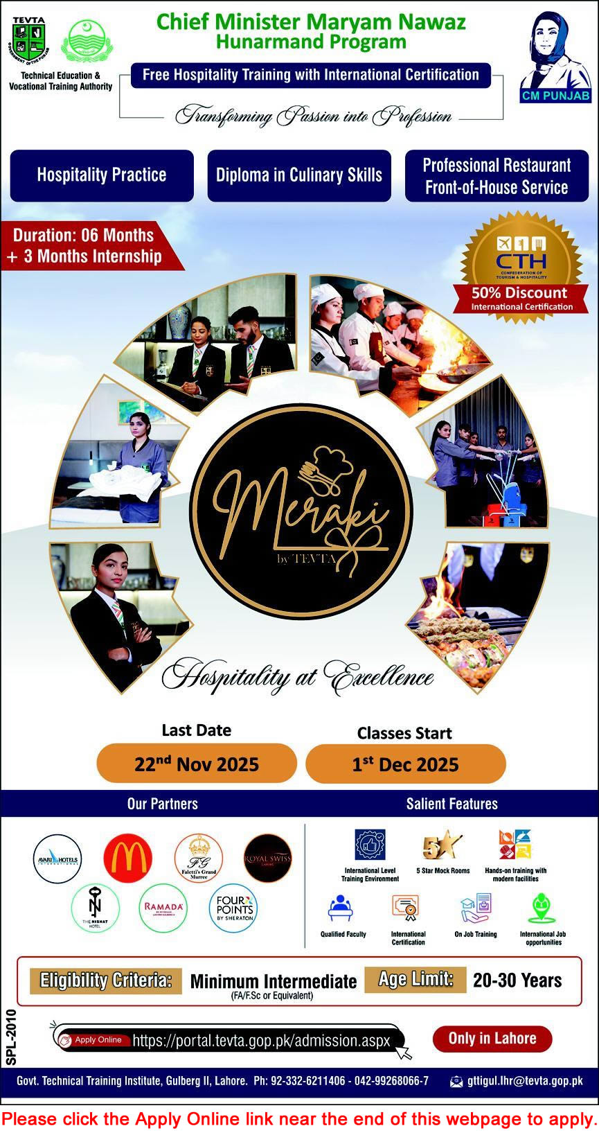 Chief Minister Punjab Hunarmand Program 2025 November Apply Online TEVTA Free Hospitality Training Program Latest