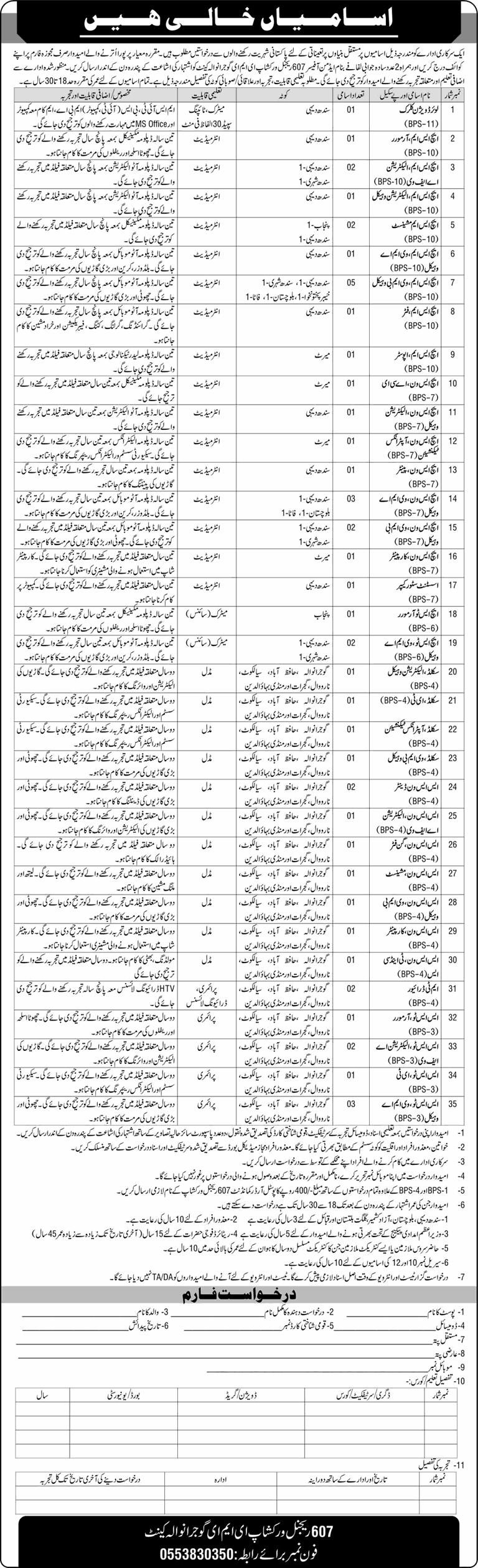 607 Regional Workshop EME Gujranwala Jobs 2025 November Vehicle Mechanics & Others Pakistan Army Latest