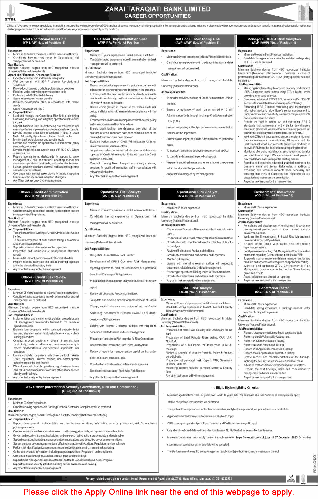 ZTBL Jobs November 2025 Apply Online Zarai Taraqiati Bank Limited Latest
