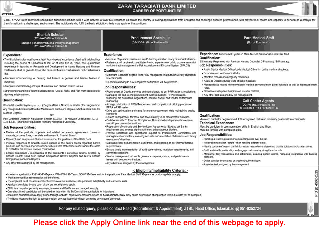 ZTBL Jobs November 2025 December Apply Online Call Center Agents & Others Zarai Taraqiati Bank Limited Latest