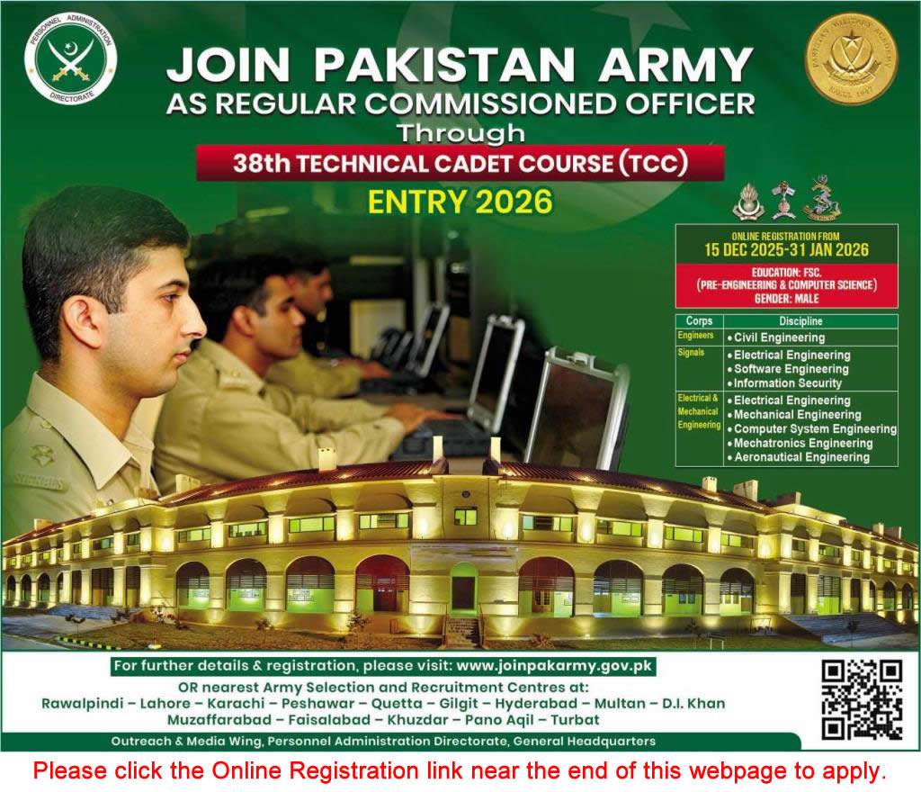 Join Pakistan Army through 38th Technical Cadet Course (TCC) December 2025 Online Registration Latest