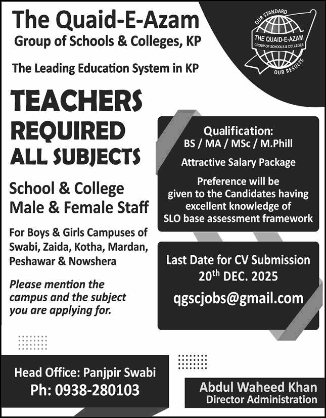 Quaid-e-Azam Group of Schools & Colleges KPK Jobs December 2025 Teachers Latest
