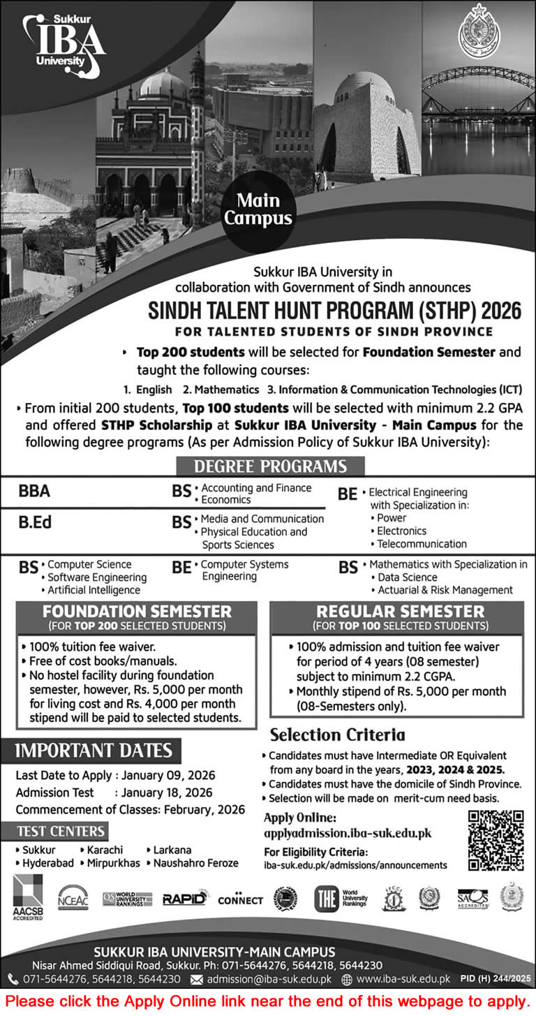 Sukkur IBA University Sindh Talent Hunt Program December 2025 Online Apply STHP Latest