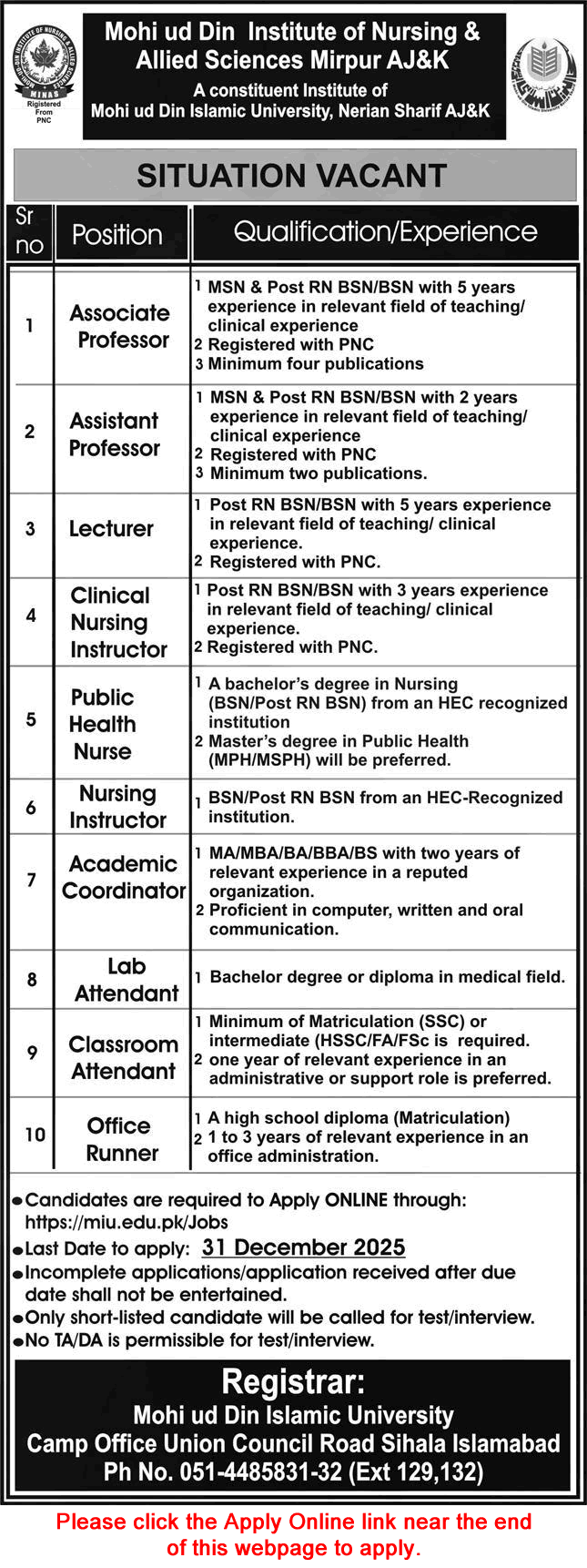 Mohi ud Din Institute of Nursing and Allied Sciences Mirpur Jobs 2025 December Apply Online Teaching Faculty & Others Latest