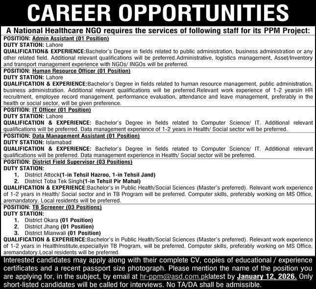 Association for Social Development Pakistan Jobs 2026 District Field Supervisors, TB Screeners & Others NGO PPM Project Latest