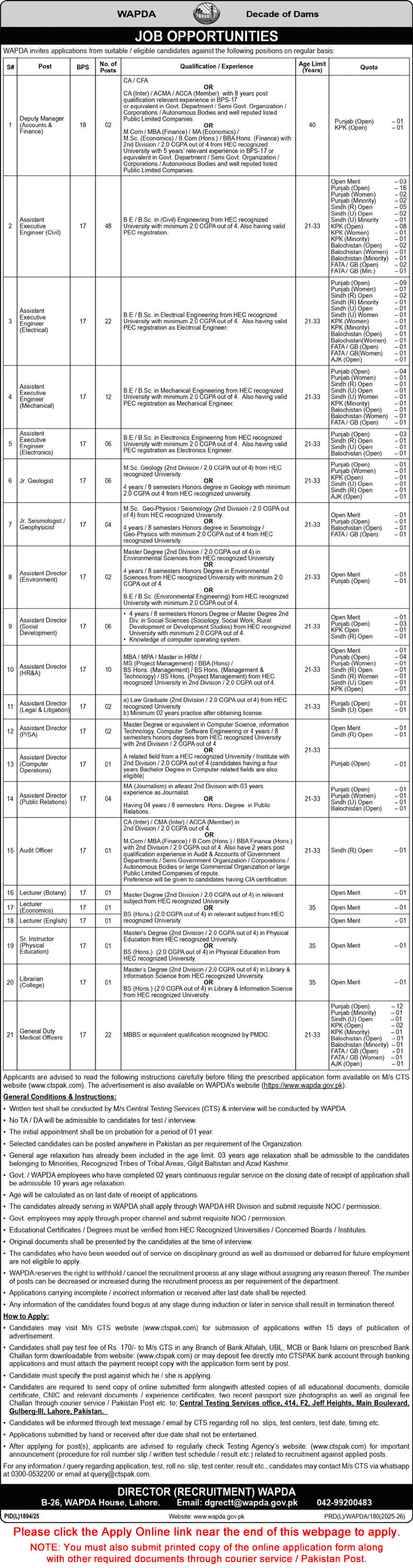 WAPDA Jobs 2026 CTS Online Application Form Water and Power Development Authority Latest