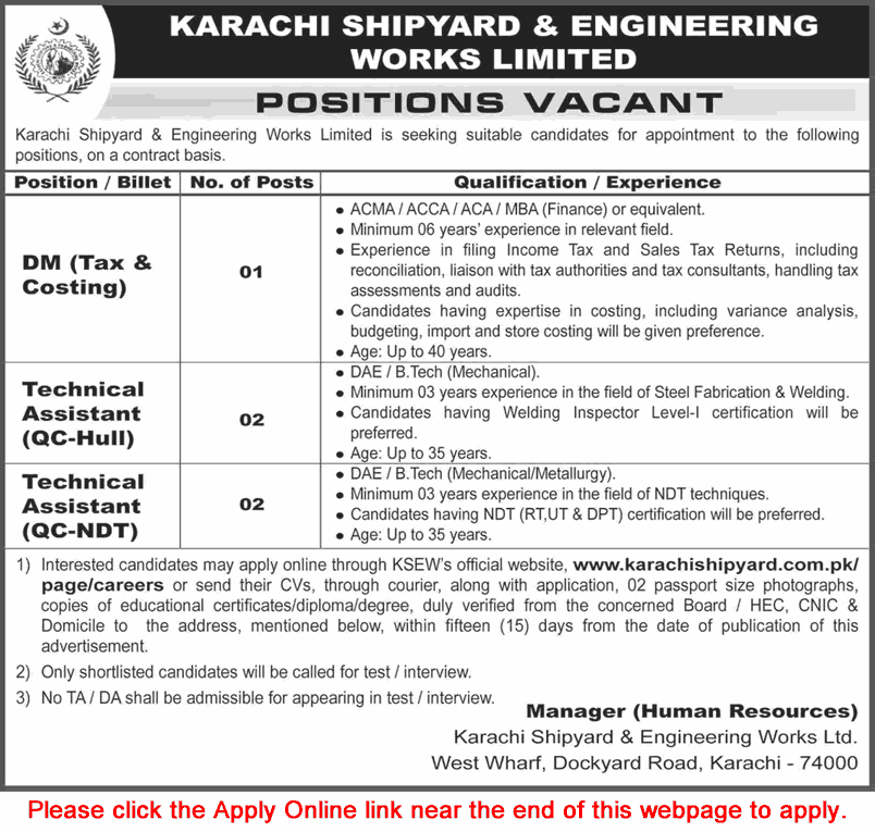 Karachi Shipyard and Engineering Works Jobs 2026 Apply Online Technical Assistants & Deputy Manager KSEW Latest