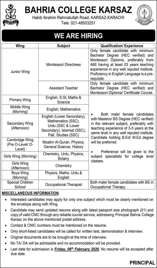 Bahria College Karsaz Karachi Jobs 2026 Teaching Faculty & Others Pakistan Navy Latest