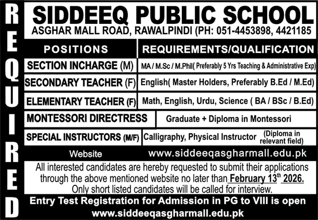 Siddeeq Public School Rawalpindi Jobs February 2026 Teachers, Montessori Directress & Others Latest