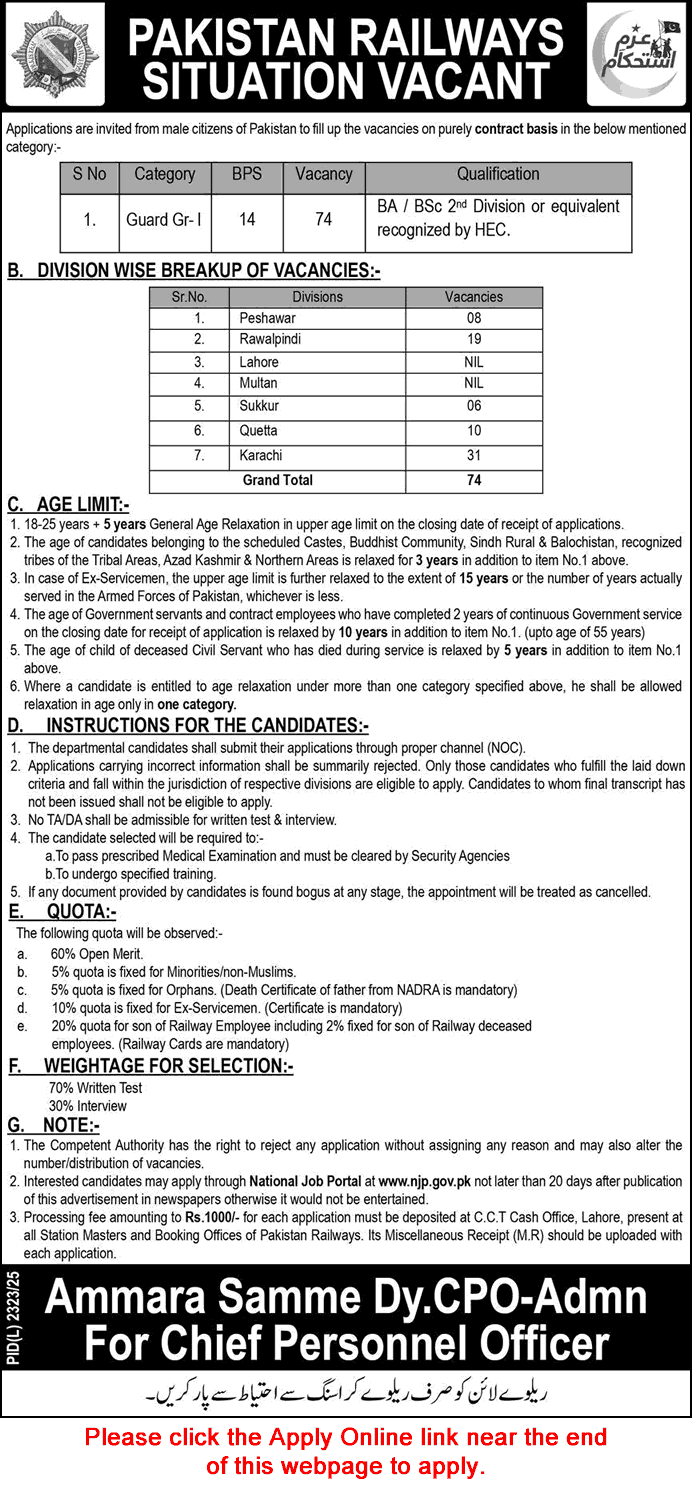 Guard Jobs in Pakistan Railways 2026 February Apply Online Latest