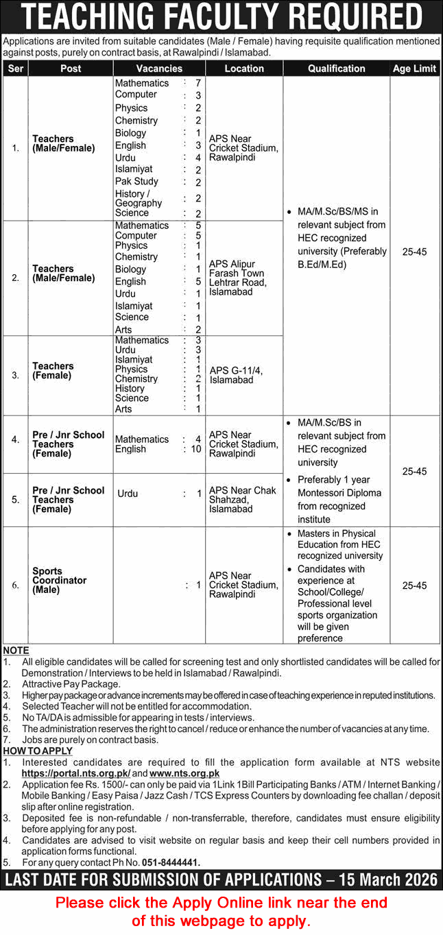Army Public Schools Islamabad / Rawalpindi Jobs March 2026 NTS Apply Online Teachers & Sports Coordinator APS Latest