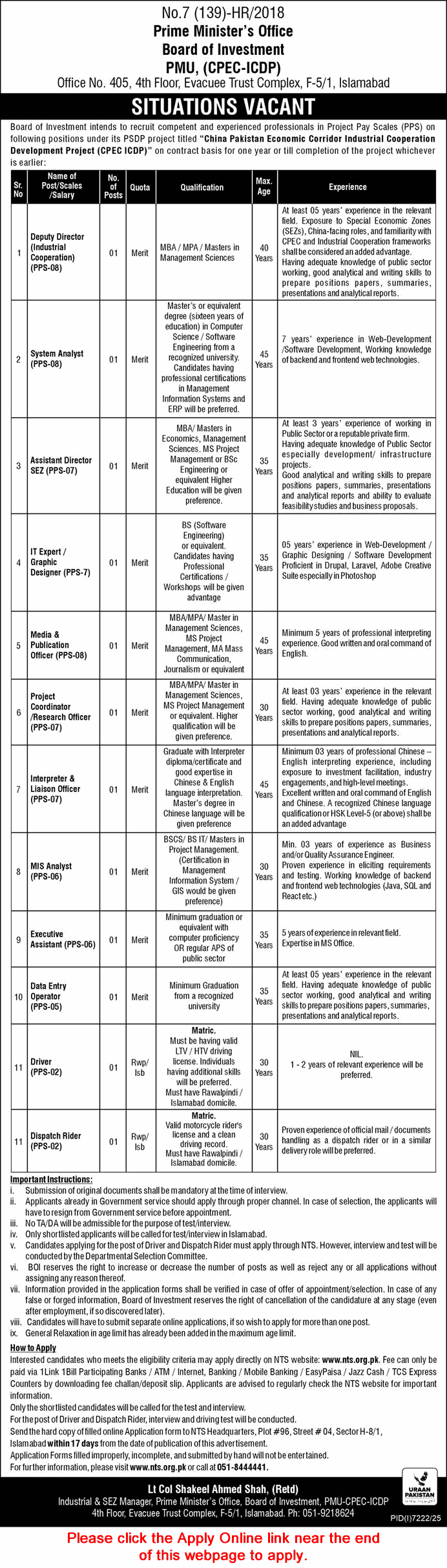 Official Job Advertisement - Board of Investment Islamabad Jobs 2026 March NTS Apply Online Prime Minister's Office Latest
