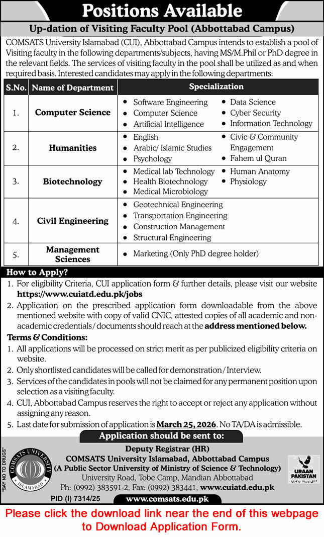 Visiting Faculty Jobs in COMSATS University Abbottabad 2026 March CUI Application Form Latest