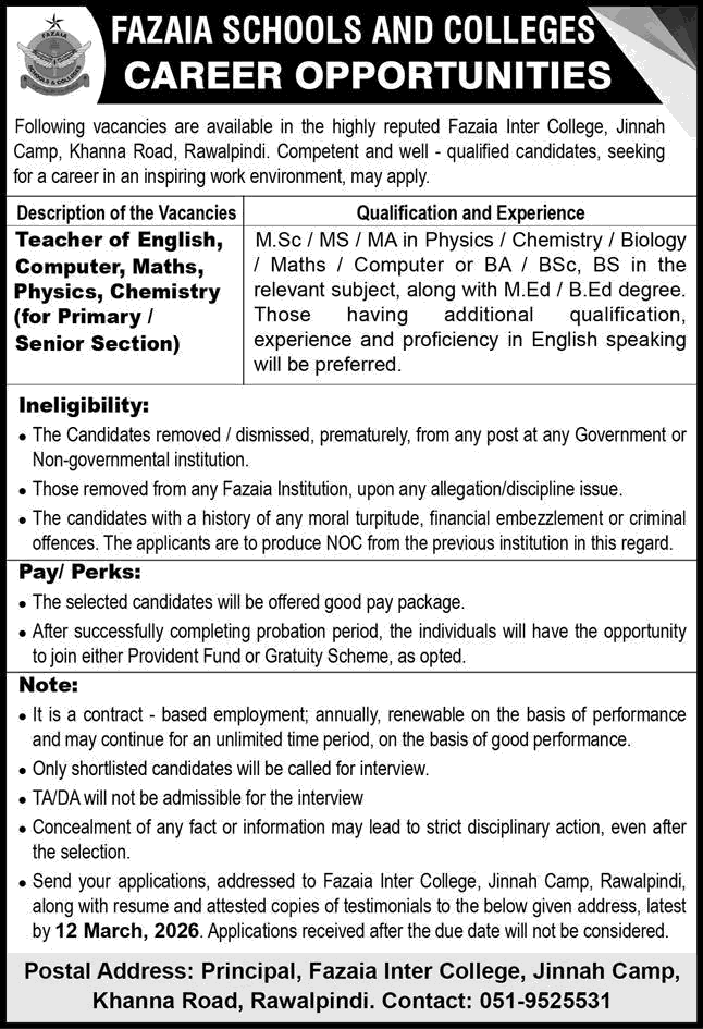 Official Job Advertisement - Teaching Jobs in Fazaia Inter College Rawalpindi 2026 March Jinnah Campus Latest
