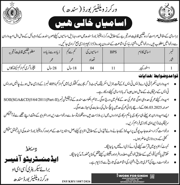 Store Keeper Jobs in Workers Welfare Board Sindh 2026 March Latest