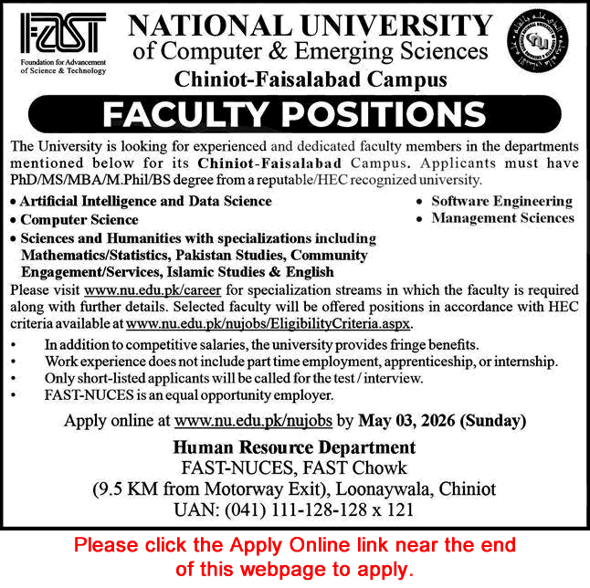 FAST University Chiniot Faisalabad Campus Jobs 2026 April Apply Online Teaching Faculty Latest